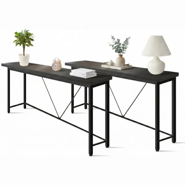 IvoQ Sidetables - Set van 2 - Zwart - Smalle Industriële Consoletafels - 120x23 cm - Haltafels