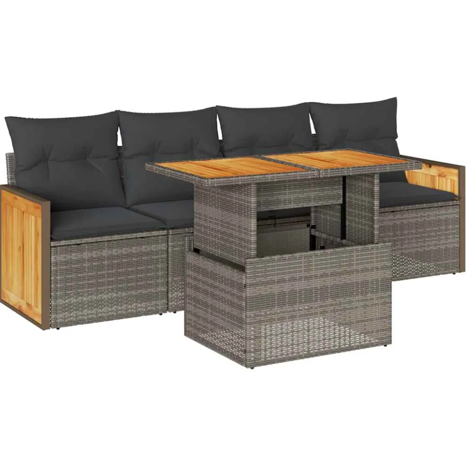 vidaXL 5-delige Loungeset met kussens poly rattan acacia grijs, foto 3