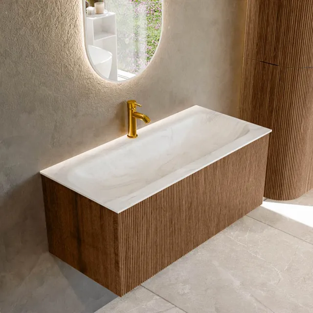 Mondiaz KURVE-DLUX 100 cm Onderkast Greeploos 1 Lade Zonder Deuren Walnut, Wastafel Solid Surface Volledig Ostra 1 Kraangat Zonder Spiegel (KRVBGM1001L0D1KM-Wal/Ost)