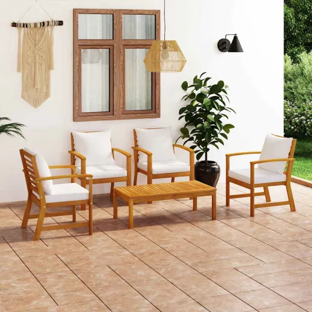 vidaXL 5-delige Loungeset met kussens massief acaciahout crème, foto 2