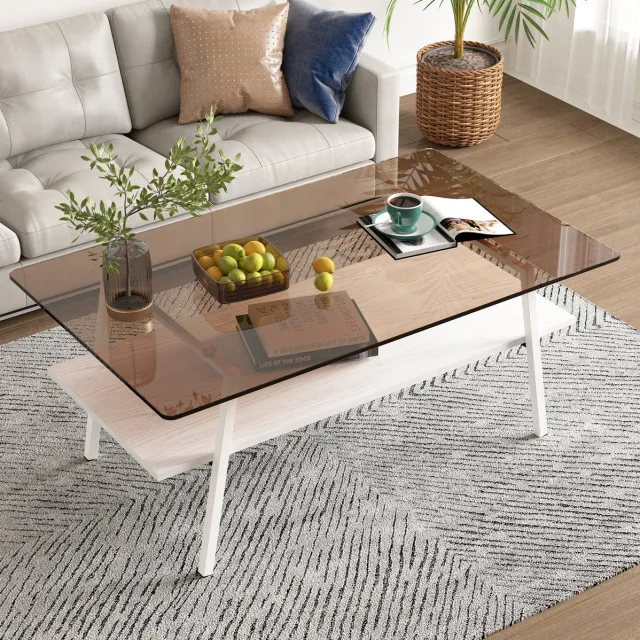 MEUNIQ Rechthoekige salontafel 98 x 58 x 42,5 cm met bruin gehard glazen blad, MDF onderstel, witte metalen poten en opbergplank voor woonkamer