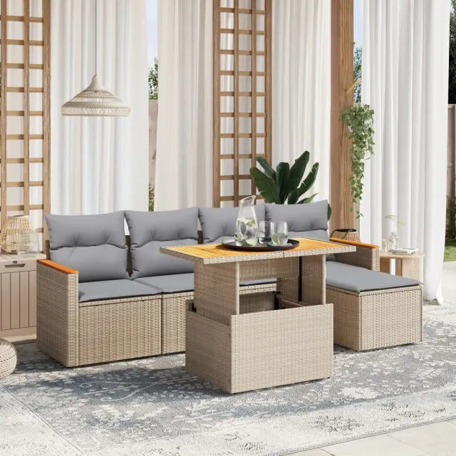 vidaXL 6-delige Loungeset met kussens poly rattan beige, foto 2