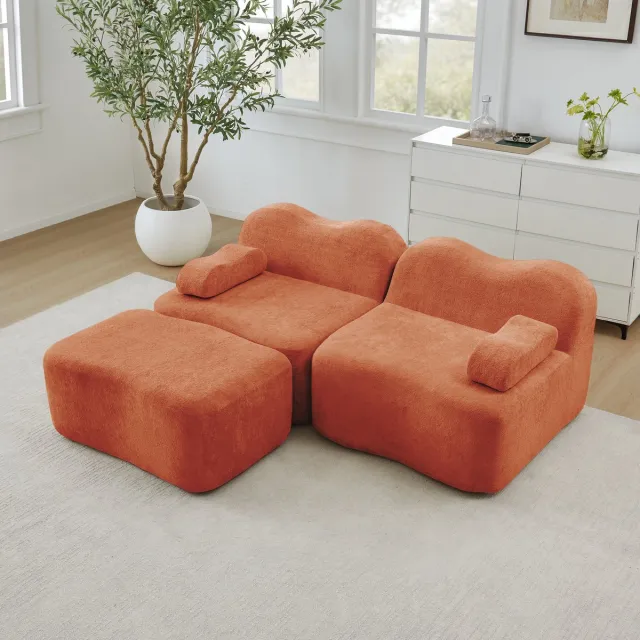 MODENUIT Hoekbank 2-Zits - Modulair Met Hocker En Golfvorm - Voor Woonkamer En Appartement - Fluweel Oranje