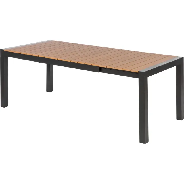 Blumfeldt Menorca Expand - Tuintafel, uitschuifbaar, uittrekbaar, aluminium / kunststof houtimitatie, poedercoating, verstelbare poten, tafelblad max.: 213 x 95 cm, licht / teak - 42 kg - Groen - voor Terras - Compact Grijs