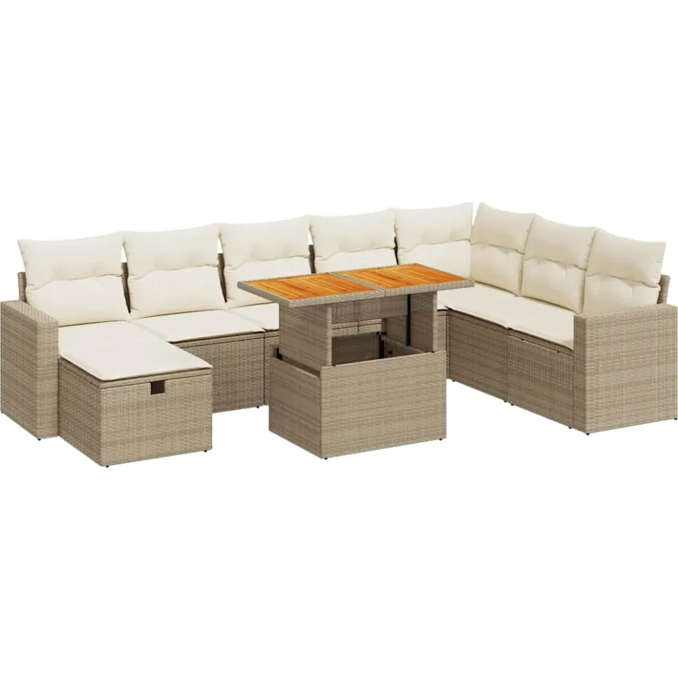 vidaXL 9-delige Loungeset met kussens poly rattan acacia beige, foto 3