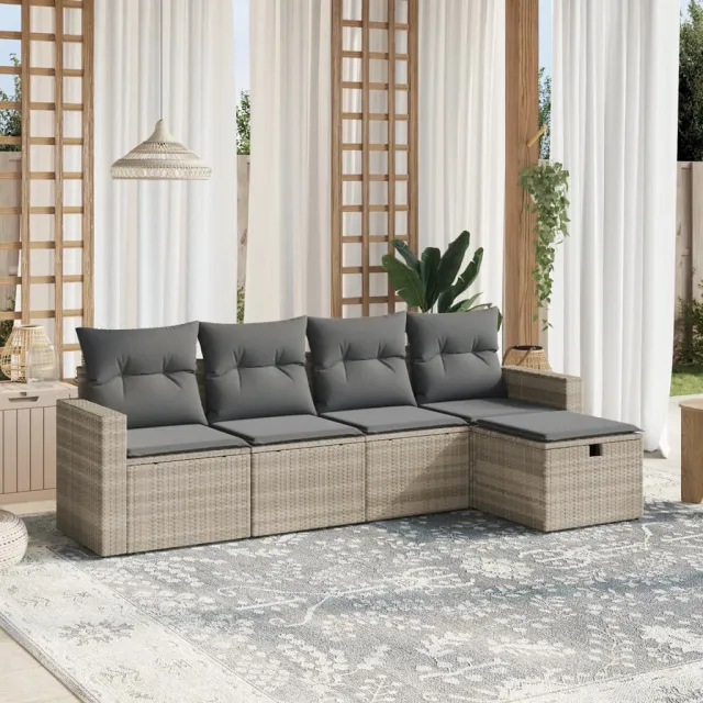 vidaXL 5-delige Loungeset met kussens poly rattan lichtgrijs grijs, foto 2