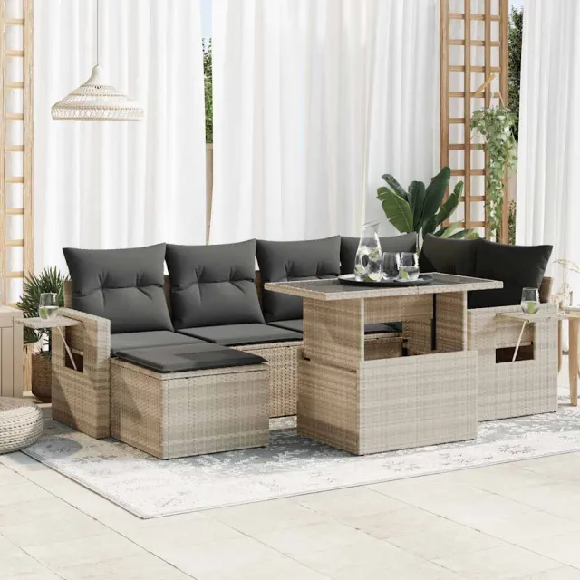 vidaXL 7-delige Loungeset met kussens poly rattan lichtgrijs grijs, foto 2
