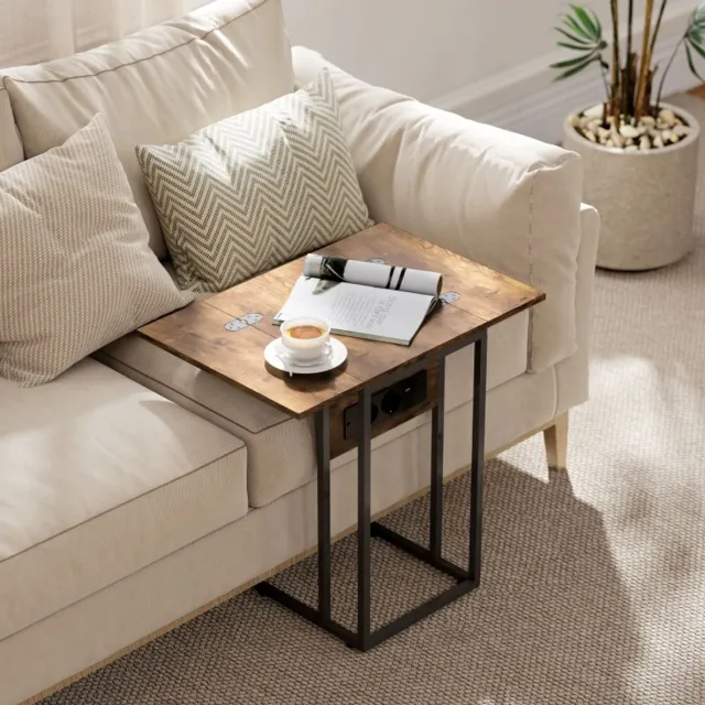 MIVRAY Bijzettafel - Opklapbaar Met Oplaadstation En Uitschuifbaar Blad - C Vorm Voor Bank En Bed - Hout En Metaal - 39x29x57 Cm - Bruin Zwart Rustic Brown
