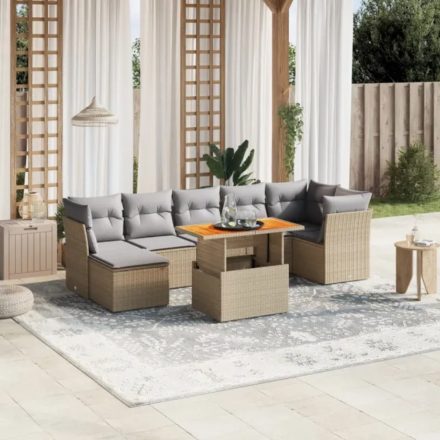 vidaXL 8-delige Loungeset met kussens poly rattan beige, foto 2