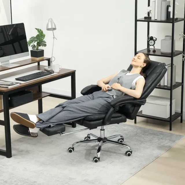 MEUNIQ bureaustoel met massagefunctie en voetsteun, verstelbare zithoogte, 64 x 70 x 110-118 cm, hoge rugleuning, 135° kantelbare rugleuning, zwart