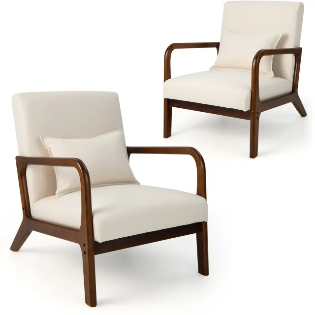 Costway Fauteuil woonkamer, loungestoel, gestoffeerd, moderne accentstoel van hout met armleuningen, enkele bank voor woonkamer, slaapkamer, 65 x 79 x 77 cm (beige)