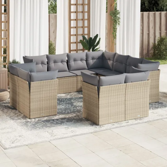 vidaXL 11-delige Tuinset met kussens poly rattan beige, foto 2