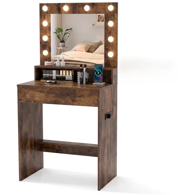 Costway Make-uptafel met ledverlichting, spiegel (66 x 40 x 136 cm, bruin)