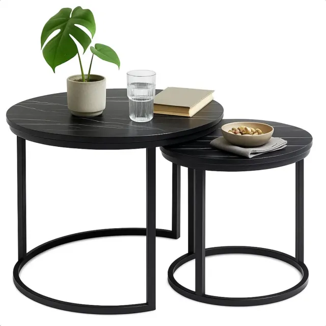 Lomera Industriële Bijzettafel - Modern Industrieel Design - Zwart Bijzettafel - Set Van 2 - Gepoedercoat Metaal - Mdf Tafelblad - In Elkaar Geschoven - Moderne Bijzettafel - Zwart Frame - Compacte Bijzettafel - Ruimtebesparend Design nvt