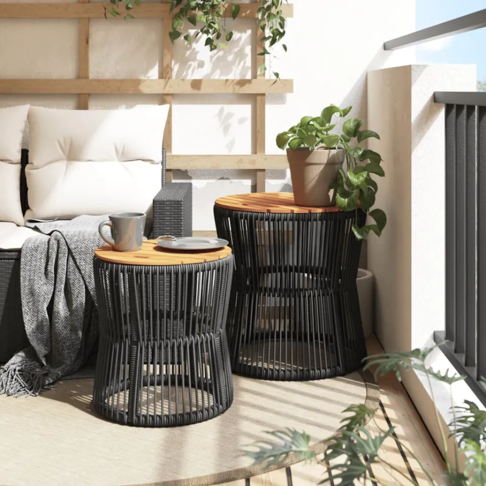 vidaXL Tuinbijzettafels 2 st met houten blad poly rattan zwart, foto 3