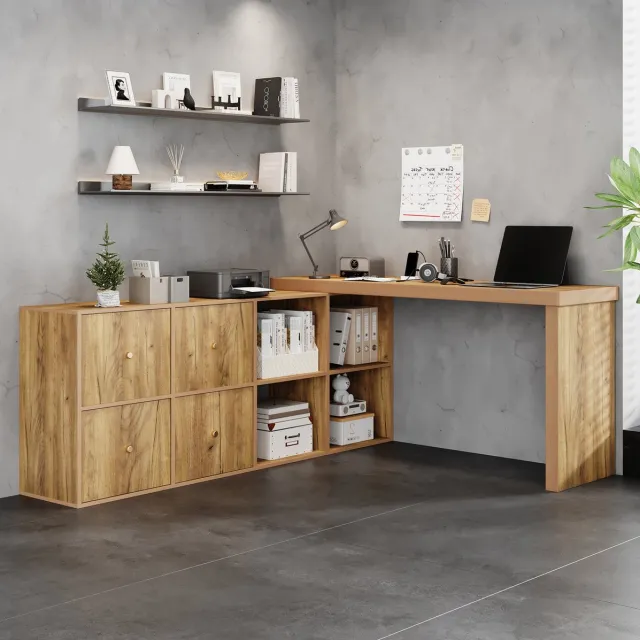 FloraGrace Hoekbureau - 360 Graden Draaibaar L Vormig Bureau Met Opbergruimte En Laden - Voor Thuiswerk En Kantoor - MDF - Eiken