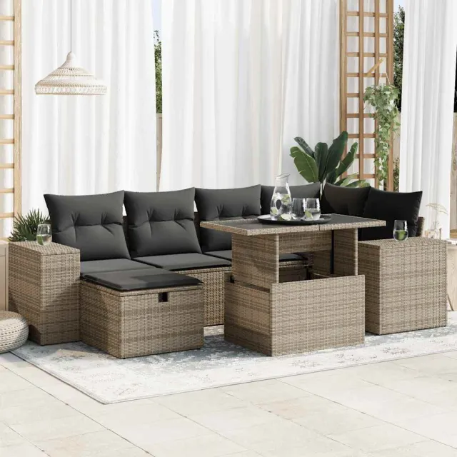 vidaXL 7-delige Loungeset met kussens poly rattan grijs, foto 2