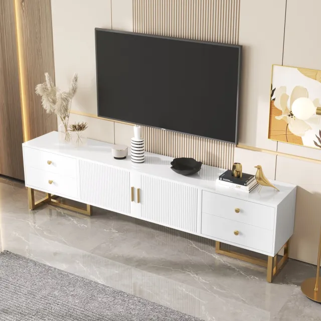 OKWISH TV meubel - TV-Kast Met 2 Deuren En 4 Lades - Stijlvol Design Met Gouden Accenten - Modern & Functioneel - Rechthoekig - 175 L x 30 B x 46 H cm - MDF - Wit
