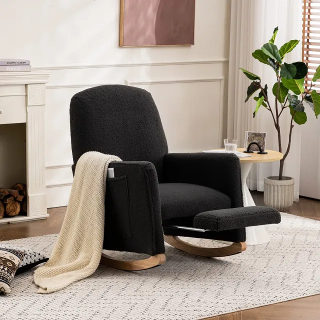 MEUNIQ Schommelstoel met hocker 67 x 126 x 98 cm – relaxfauteuil met hoge rugleuning, armleuningen, teddy stof en houten onderstel voor woonkamer – Donkergrijs