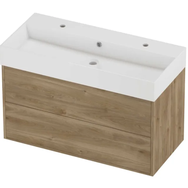 Proline Zara Badmeubelset Porselein Loft 2 Kraangaten Voor Grepen 100x46x65 cm Glans Wit Cider Oak Eiken