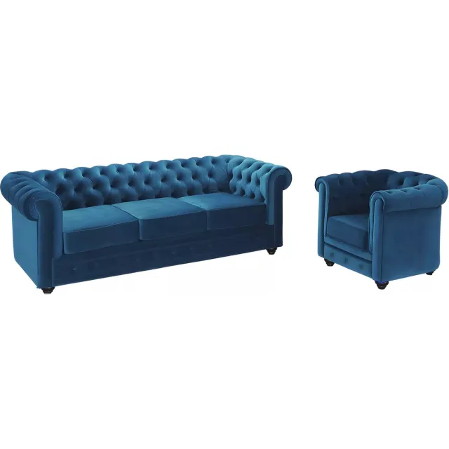 Vente-unique Driezitsbank en fauteuil CHESTERFIELD - velours - groenblauw