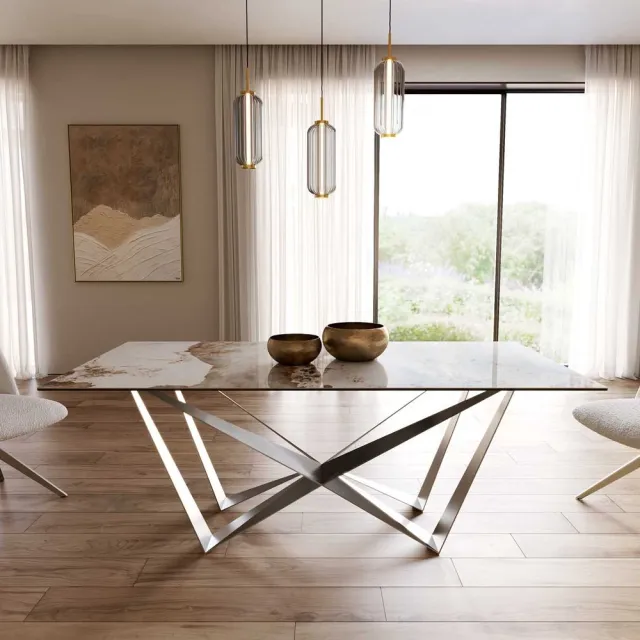 DELIFE Eetkamertafel Edge keramiek Minas Melange wit-beige 200x100 spider vlak staal RVS Weiß-Beige