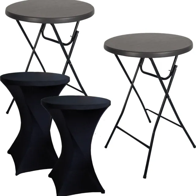Brasq Statafel Zwart – Ø80 x 110 cm – Set van 2 – Staantafel – Partytafel – Bartafel – Inclusief 2x Zwarte Statafelrok – Voor Binnen en Buiten – Vouwtafel – Inklapbaar – Kunststof en Metaal 2 statafels Zwart + 2 Zwarte statafelrokken