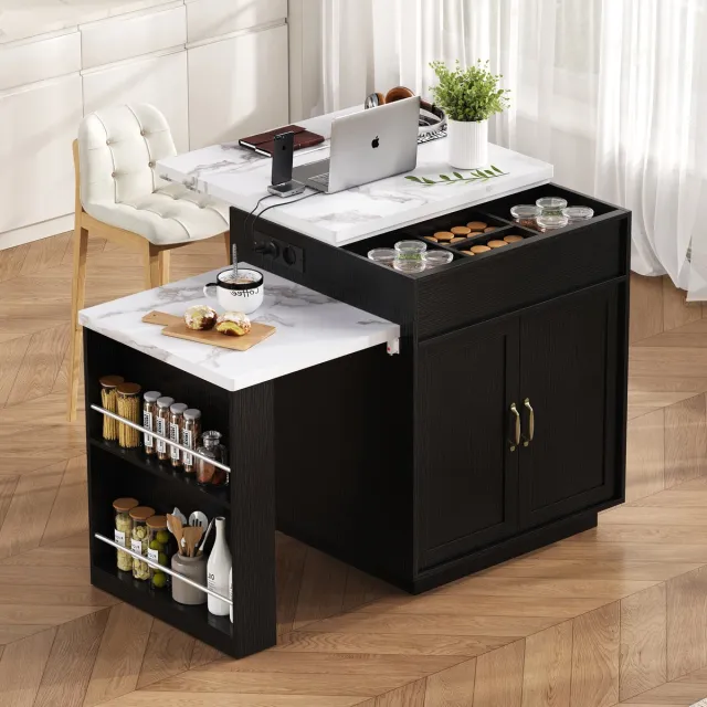 Merax Keukeneiland op wielen - uitschuifbare eettafel met LED-verlichting - keukentafel met stopcontact - buffetkast - dressoir - zwart
