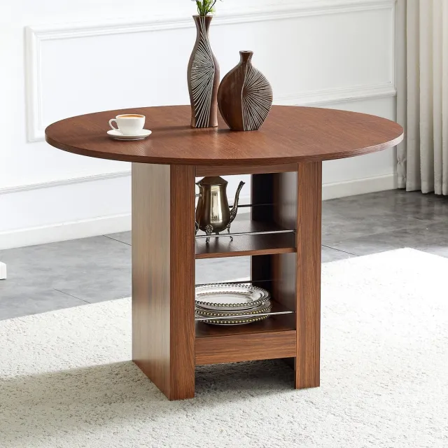 REDOM Ronde Eettafel - Open Opbergvakken - Scandinavisch - Voor Eetkamer - MDF - Walnootkleur - 100 X 76 Cm Walnut