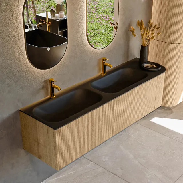 Mondiaz KURVE 165 cm Onderkast Greeploos 2 Lades Met Deuren Oak, Wastafel Solid Surface Links Urban 2 Kraangaten Zonder Spiegel (KRVBGS165R2L1D2KD-Oak/Urb)