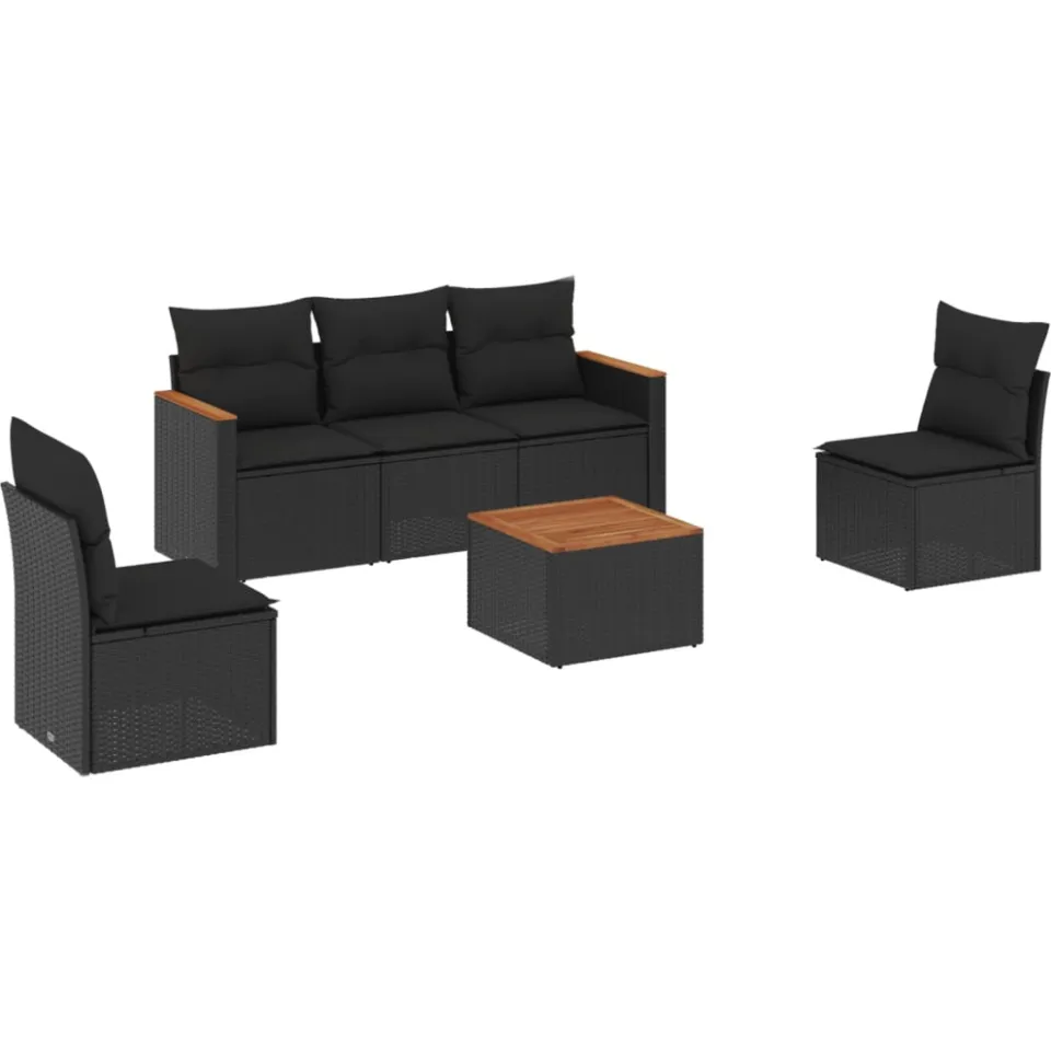vidaXL 6-delige Loungeset met kussens poly rattan zwart, foto 3