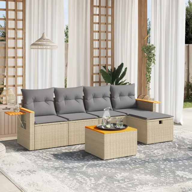 vidaXL 6-delige Loungeset met kussens poly rattan gemengd beige, foto 2