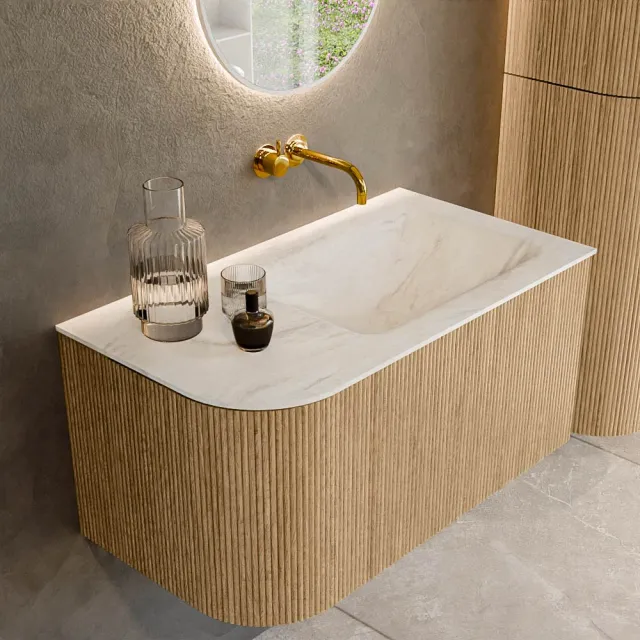 Mondiaz KURVE-DLUX 85 cm Onderkast Greeploos 1 Lade Met Deuren Oak, Wastafel Solid Surface Rechts Ostra 0 Kraangaten Zonder Spiegel (KRVCLO85L1L1D0KR-Oak/Ost)