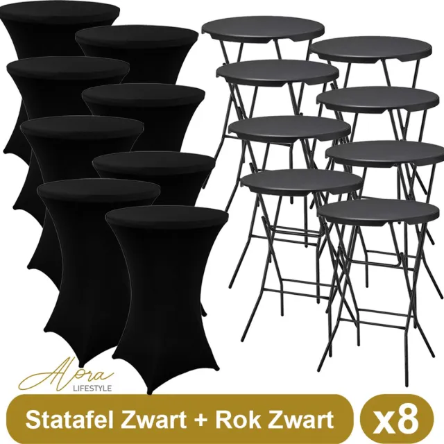 Alora 8x zwarte Statafel + zwarte Statafelrok x 8 – 80 cm Dia x 110 cm hoog - Cocktailtafel - Hoge staan tafel - Breed Blad - Inclusief zwarte Statafelhoes - Staantafelrok Stretch - Bartafel rond - Sta tafel Horeca