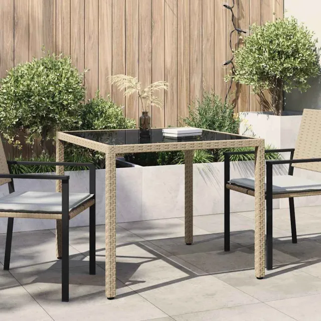 vidaXL Tuintafel 90x90x75 cm gehard glas en poly rattan beige, foto 2