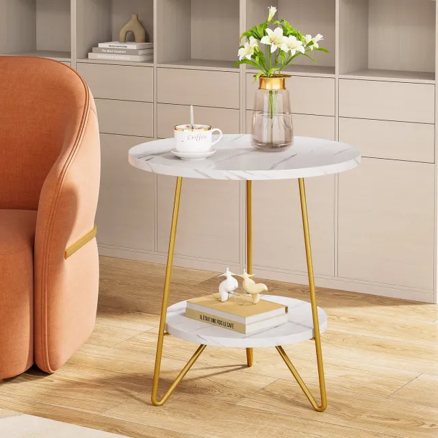 Pugsdrly Ronde bijzettafel, salontafel met 2 niveaus, kleine tafel van kunstmarmer, moderne stijl, kleine bijzettafel voor woonkamer of slaapkamer, wit en goudkleurig (1 stuk) Wit & goud