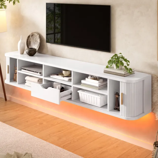MODENUIT Tv-Meubel - Wandmontage Met Schuifdeuren En Lade - Woonkamer - Wit Mdf - 175 x 30 x 30 Cm