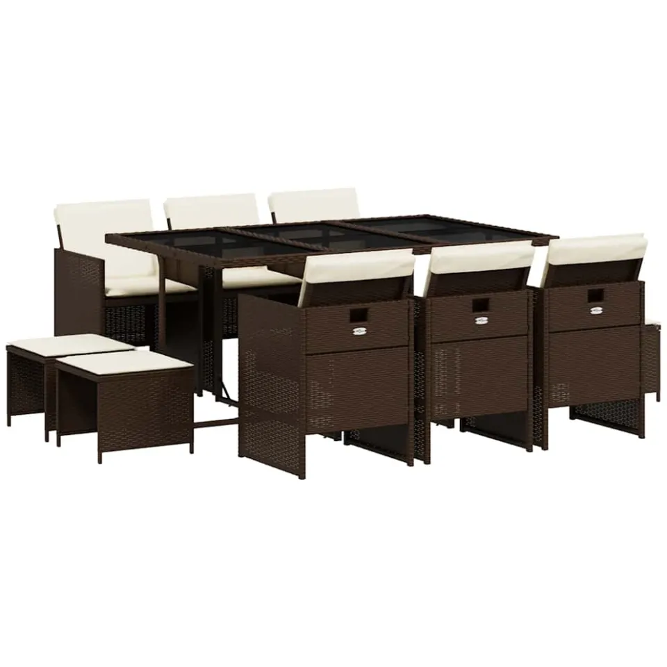 vidaXL 11-delige Tuinset met kussens poly rattan bruin