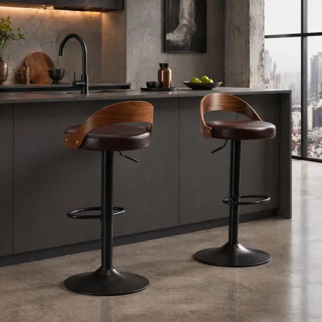 MEUNIQ barkruk set van 2 360° draaibaar en hoogte verstelbaar met rugleuning, kunstleren zitting, voetsteun en metalen onderstel voor keuken, bar of eetruimte bruin