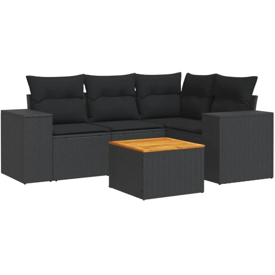 vidaXL 5-delige Loungeset met kussens poly rattan zwart, foto 3