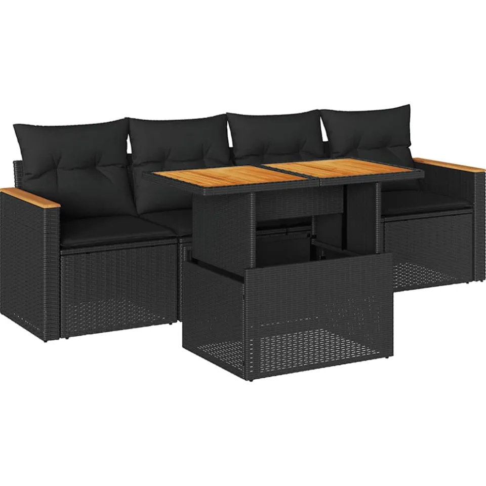 vidaXL 5-delige Loungeset met kussens poly rattan acacia zwart, foto 3