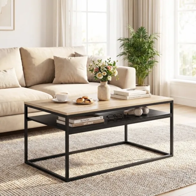 MIVRAY Salontafel - Moderne Industriële Tafel Met Open Legplank En Stevig Metalen Onderstel - Voor Woonkamer En Kantoor - Oak - 100 X 59,8 X 47 Cm