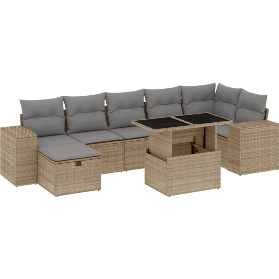 vidaXL 8-delige Loungeset met kussens poly rattan beige, foto 3
