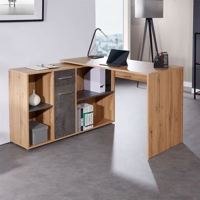IDIMEX Hoekbureau DIEGO met plank - Wotan eiken/beton bruin