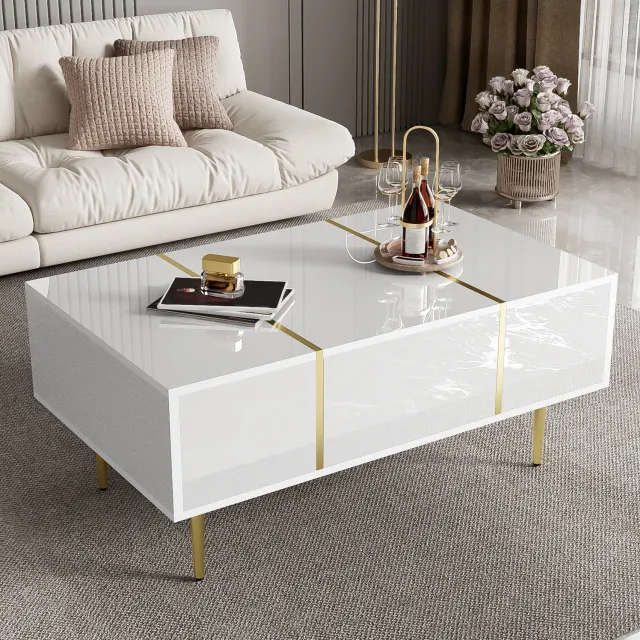 Maisentiel Salontafel 100 x 60 cm met 2 lades, hoogglans MDF en goudkleurig metaal, wit