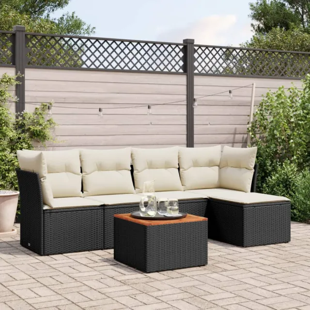 vidaXL 6-delige Loungeset met kussens poly rattan zwart, foto 2
