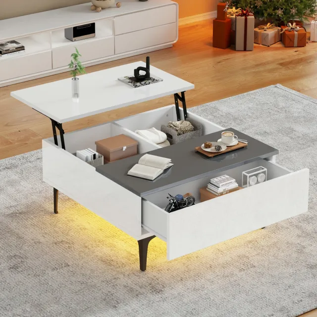 Strovea 70*70*35cm salontafel - in hoogte verstelbaar - met verborgen opbergruimte en planken - witte hoogglans woonkamertafel - LED bureau - sofa tafel met lades