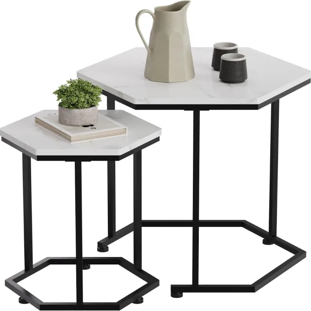 Danky Wit marmer Salontafel Set - Hexagonale Nesttafel met 2 Bladen, 58,9 x 58,9 x 50 cm