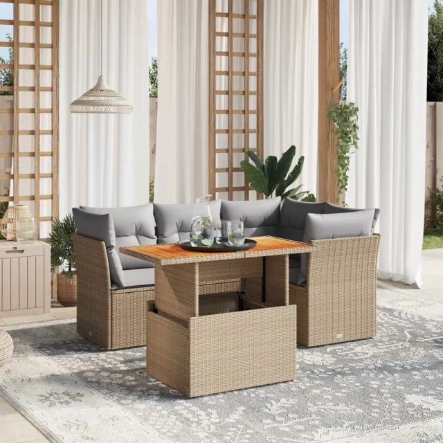 vidaXL 5-delige Loungeset met kussens poly rattan beige, foto 2