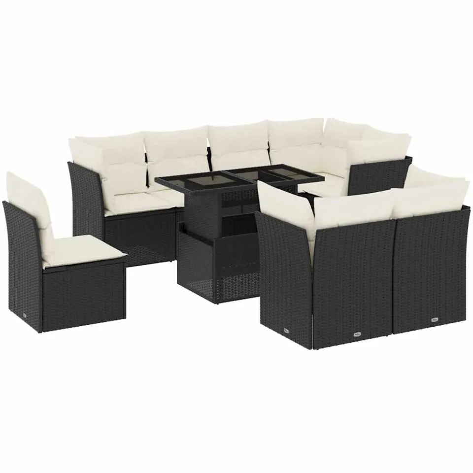 vidaXL 9-delige Loungeset met kussens poly rattan zwart